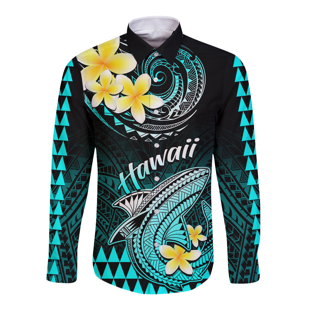 Personalised Hawaii Long Sleeve Button Shirt Polynesian Shark with Kakau Turquoise Version - Wonder Print Shop