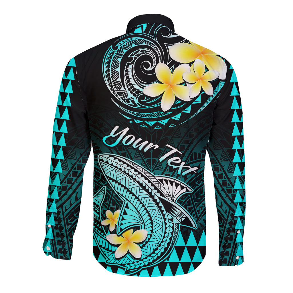 Personalised Hawaii Long Sleeve Button Shirt Polynesian Shark with Kakau Turquoise Version - Wonder Print Shop