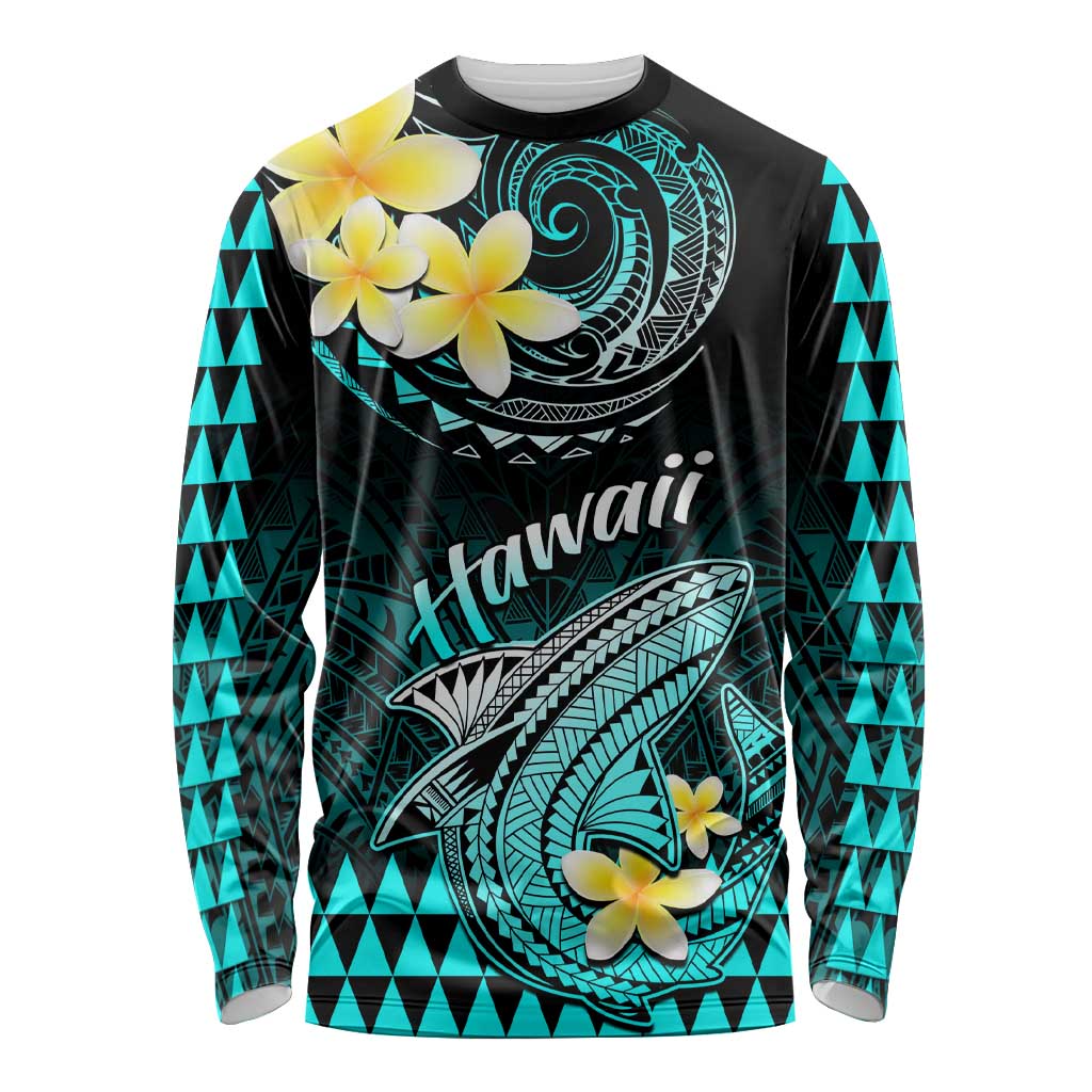 Personalised Hawaii Long Sleeve Shirt Polynesian Shark with Kakau Turquoise Version LT01