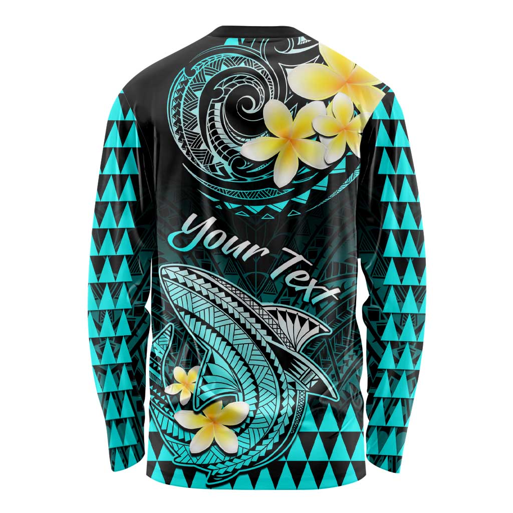 Personalised Hawaii Long Sleeve Shirt Polynesian Shark with Kakau Turquoise Version LT01
