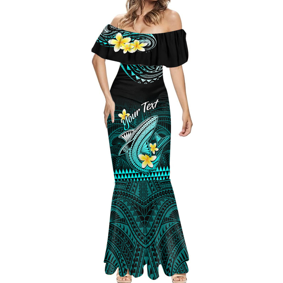Personalised Hawaii Mermaid Dress Polynesian Shark with Kakau Turquoise Version - Wonder Print Shop
