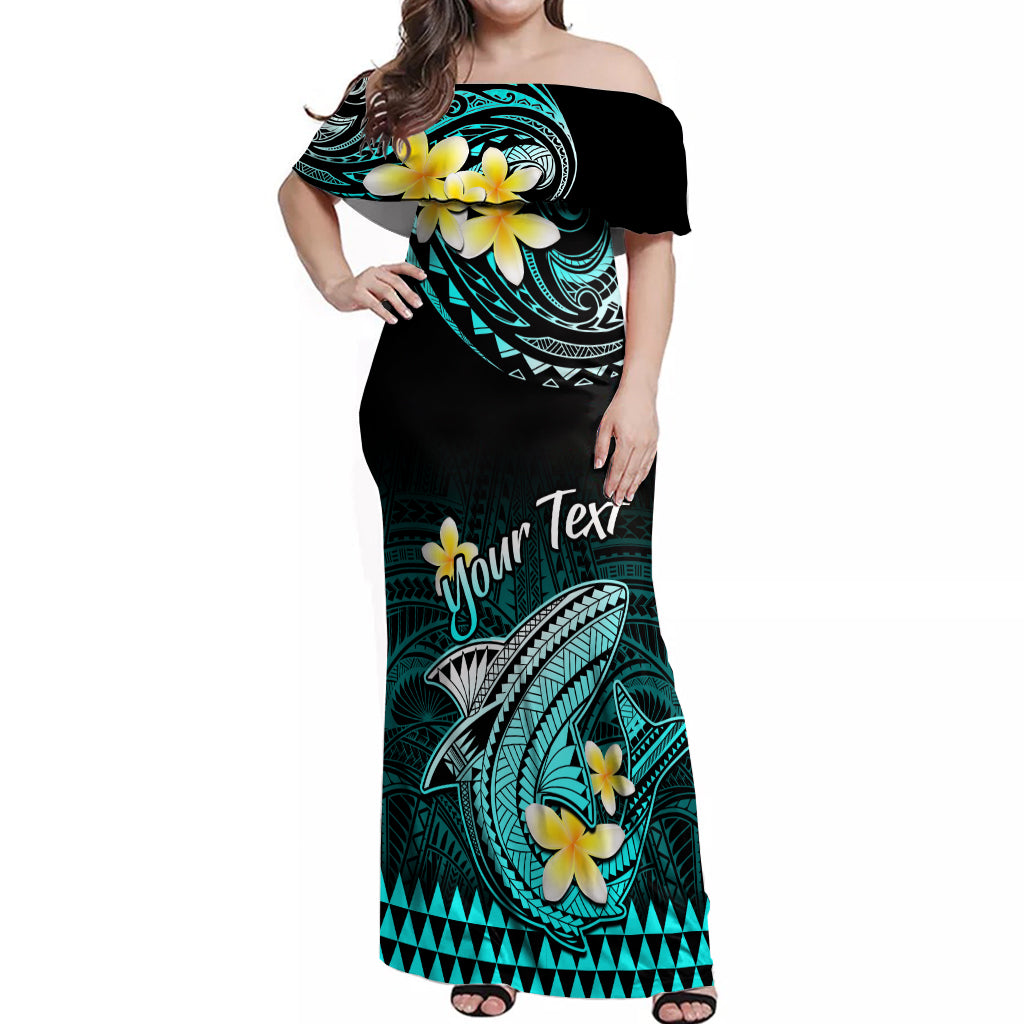 Personalised Hawaii Off Shoulder Maxi Dress Polynesian Shark with Kakau Turquoise Version - Wonder Print Shop