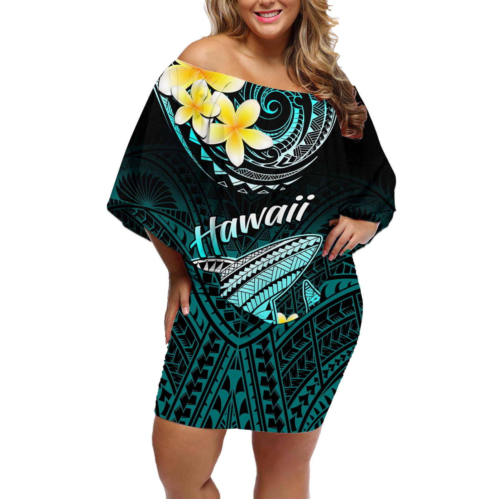 Personalised Hawaii Off Shoulder Short Dress Polynesian Shark with Kakau Turquoise Version - Wonder Print Shop