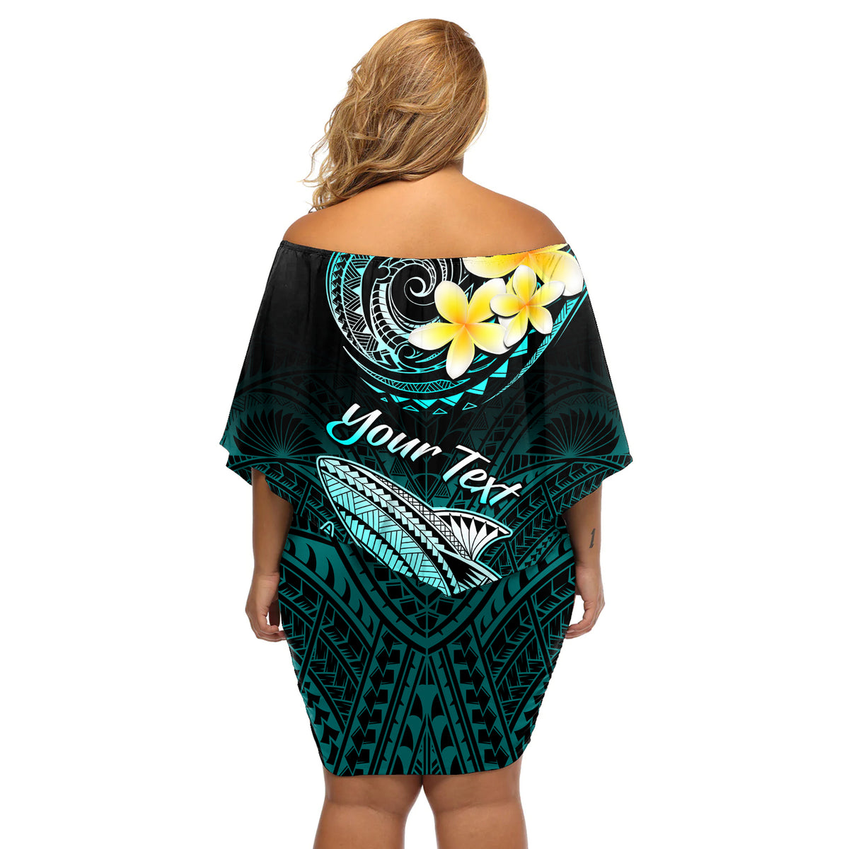 Personalised Hawaii Off Shoulder Short Dress Polynesian Shark with Kakau Turquoise Version - Wonder Print Shop
