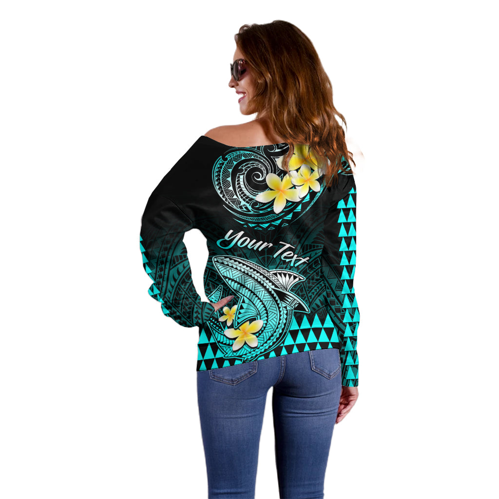 Personalised Hawaii Off Shoulder Sweater Polynesian Shark with Kakau Turquoise Version - Wonder Print Shop