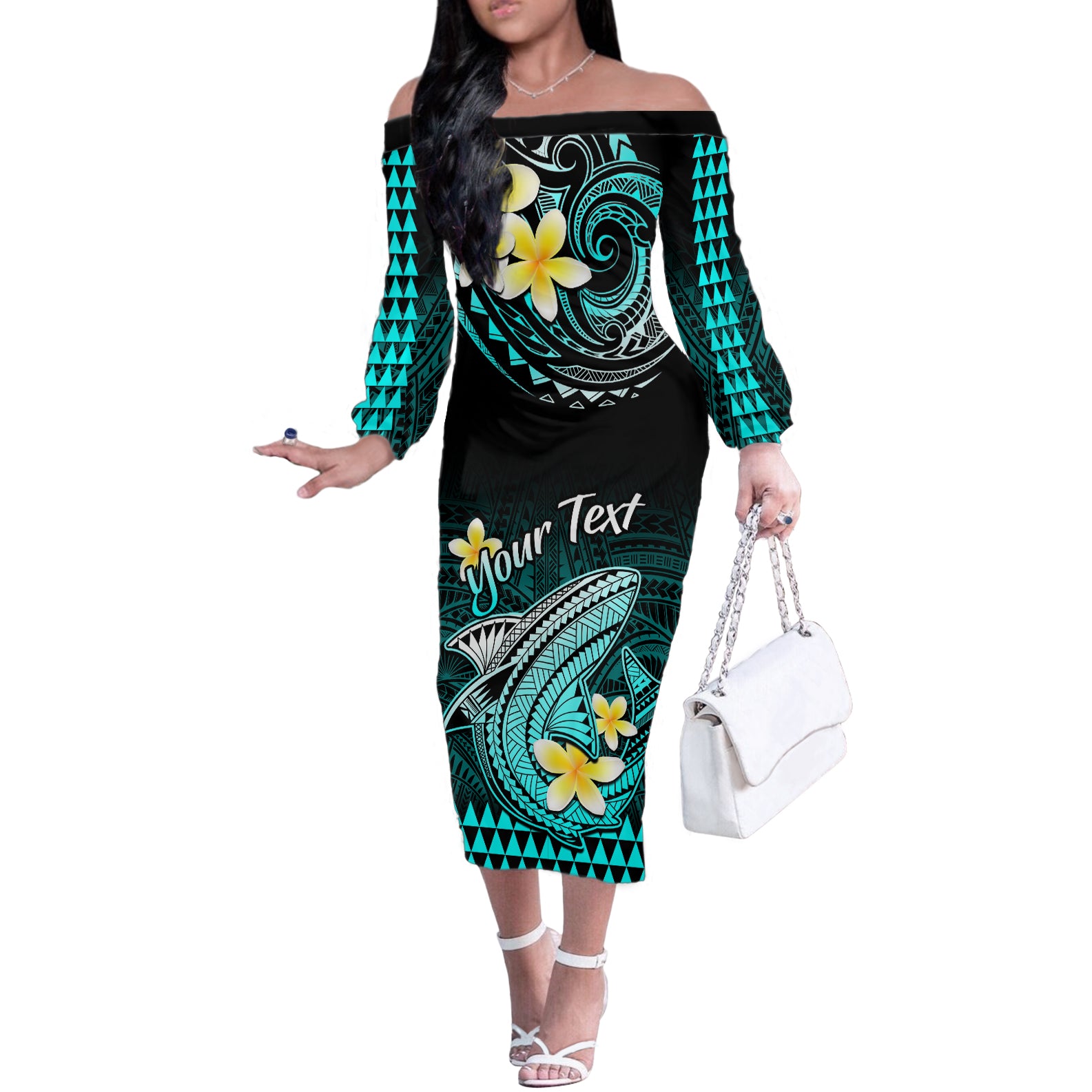 Personalised Hawaii Off The Shoulder Long Sleeve Dress Polynesian Shark with Kakau Turquoise Version - Wonder Print Shop