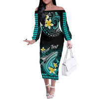 Personalised Hawaii Off The Shoulder Long Sleeve Dress Polynesian Shark with Kakau Turquoise Version - Wonder Print Shop