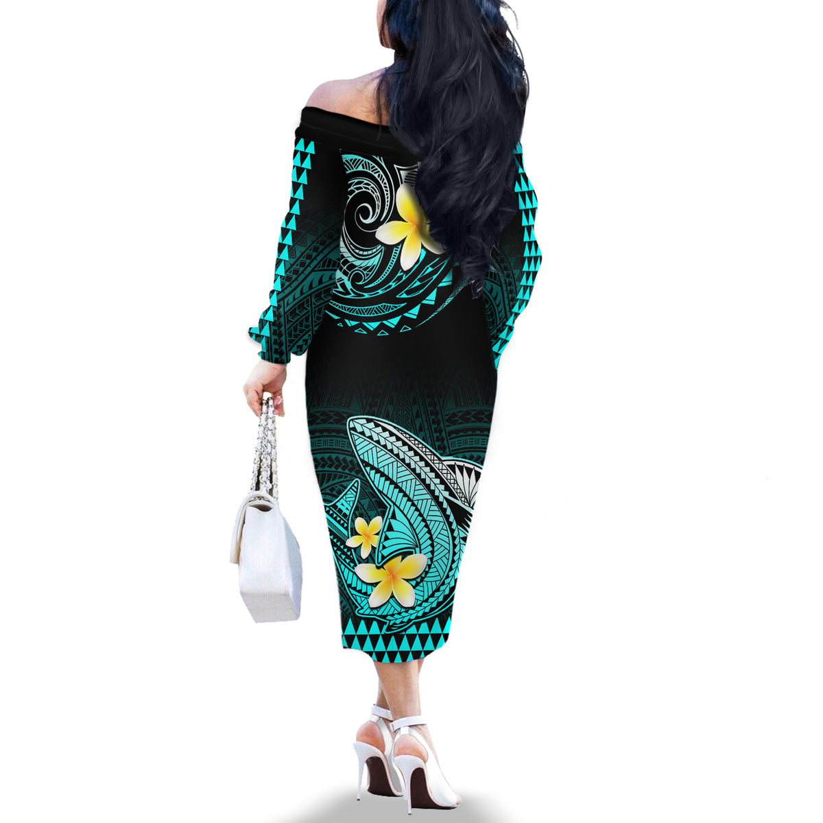 Personalised Hawaii Off The Shoulder Long Sleeve Dress Polynesian Shark with Kakau Turquoise Version - Wonder Print Shop