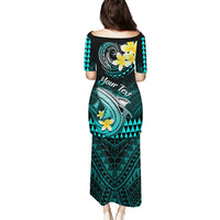 Personalised Hawaii Puletasi Polynesian Shark with Kakau Turquoise Version - Wonder Print Shop