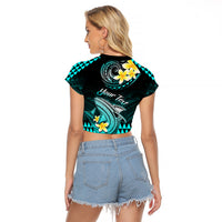 Personalised Hawaii Raglan Cropped T Shirt Polynesian Shark with Kakau Turquoise Version - Wonder Print Shop