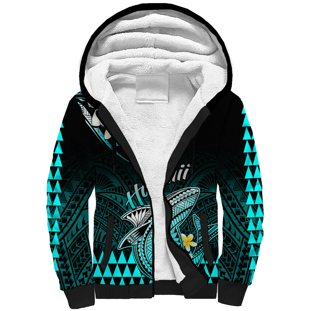 Personalised Hawaii Sherpa Hoodie Polynesian Shark with Kakau Turquoise Version - Wonder Print Shop