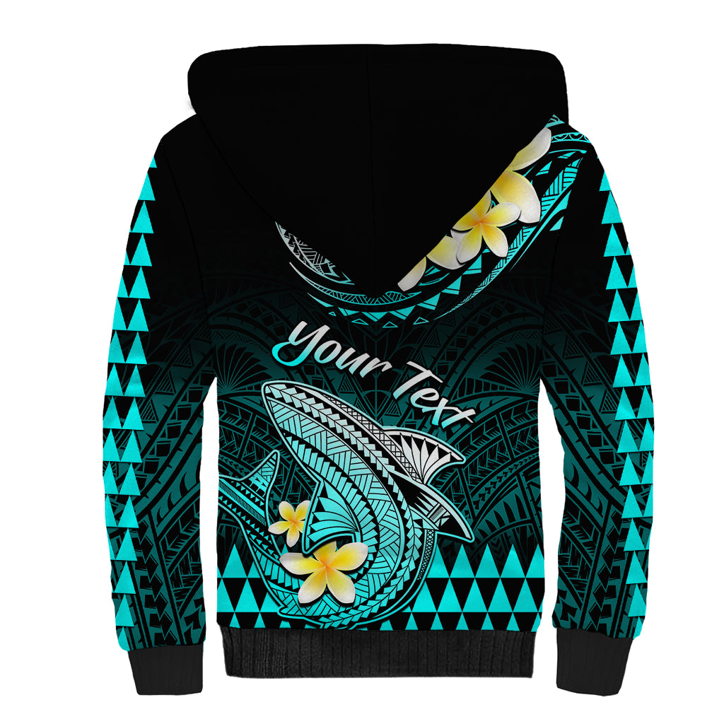 Personalised Hawaii Sherpa Hoodie Polynesian Shark with Kakau Turquoise Version - Wonder Print Shop