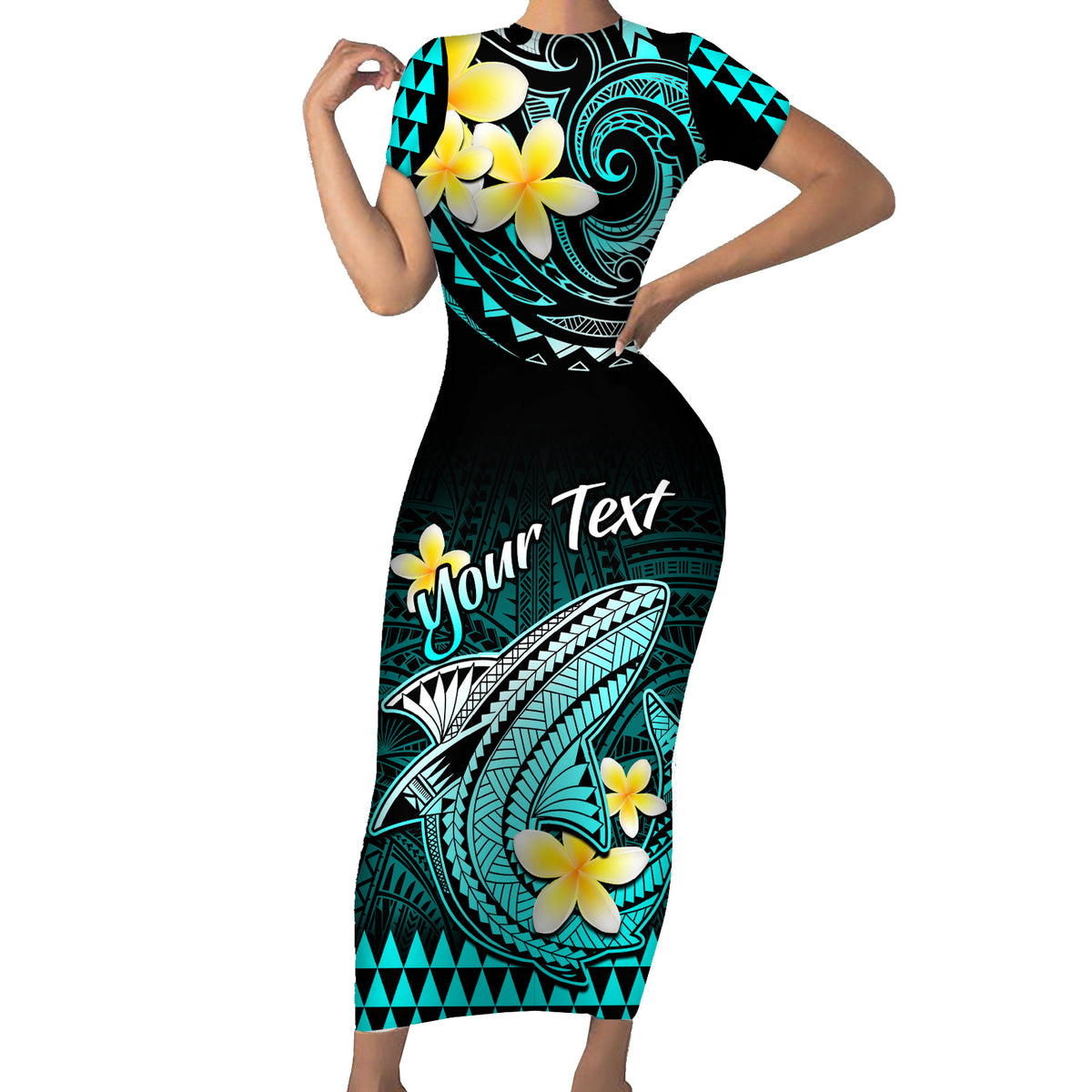 Personalised Hawaii Short Sleeve Bodycon Dress Polynesian Shark with Kakau Turquoise Version - Wonder Print Shop