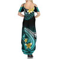 Personalised Hawaii Summer Maxi Dress Polynesian Shark with Kakau Turquoise Version - Wonder Print Shop