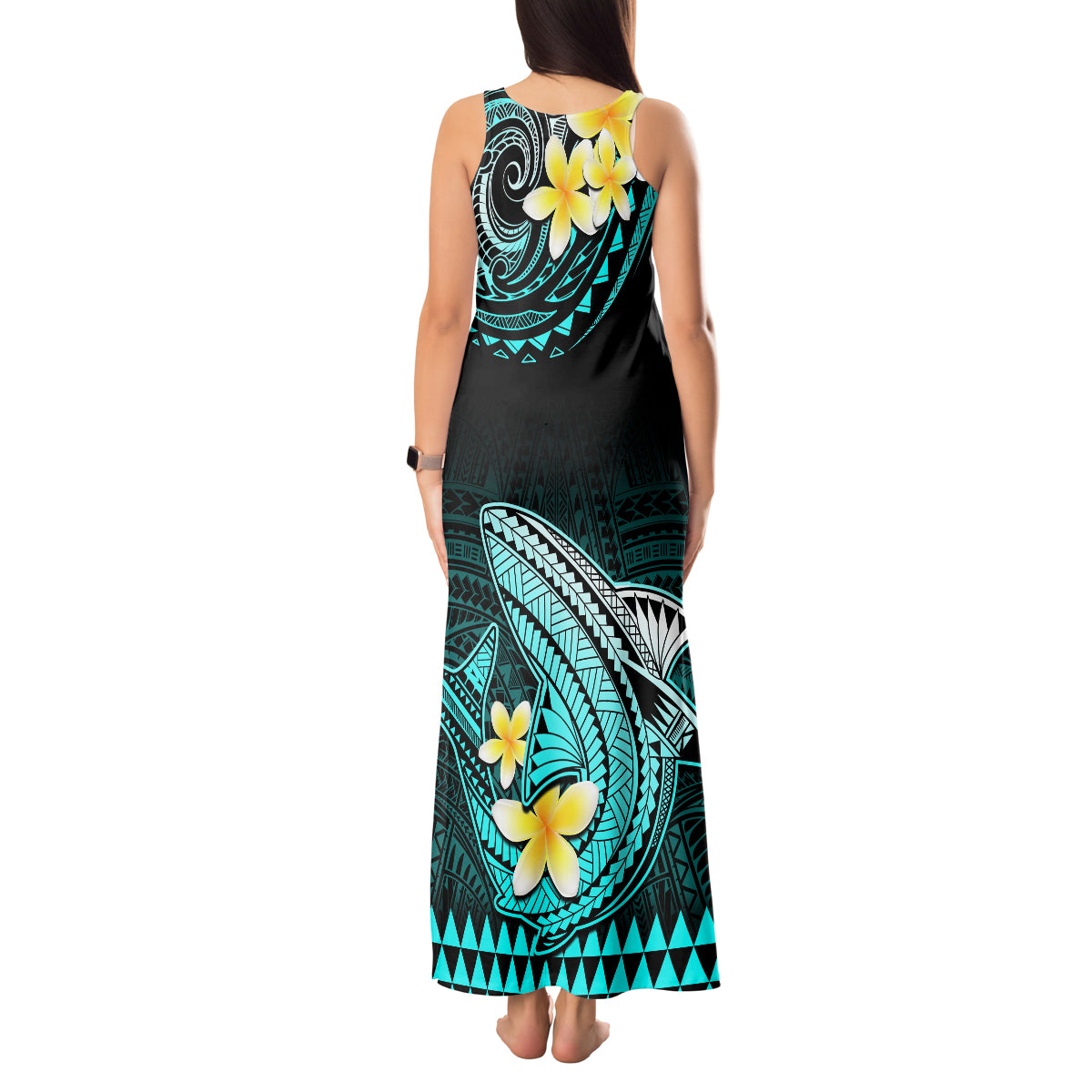 Personalised Hawaii Tank Maxi Dress Polynesian Shark with Kakau Turquoise Version - Wonder Print Shop