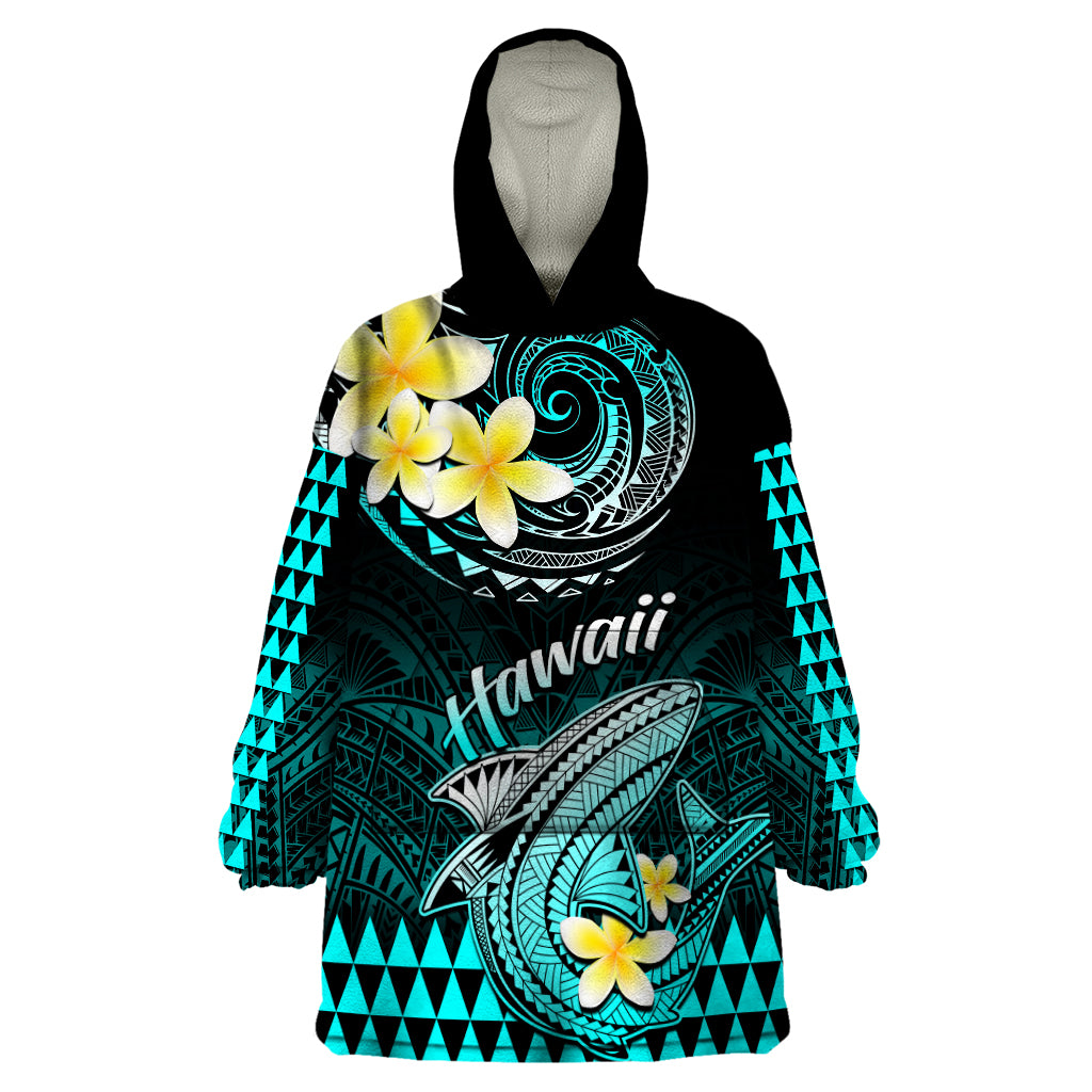Personalised Hawaii Wearable Blanket Hoodie Polynesian Shark with Kakau Turquoise Version - Wonder Print Shop
