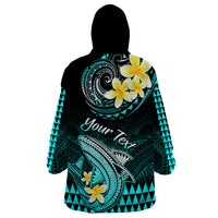 Personalised Hawaii Wearable Blanket Hoodie Polynesian Shark with Kakau Turquoise Version - Wonder Print Shop