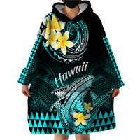 Personalised Hawaii Wearable Blanket Hoodie Polynesian Shark with Kakau Turquoise Version - Wonder Print Shop