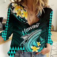 Personalised Hawaii Women Casual Shirt Polynesian Shark with Kakau Turquoise Version - Wonder Print Shop