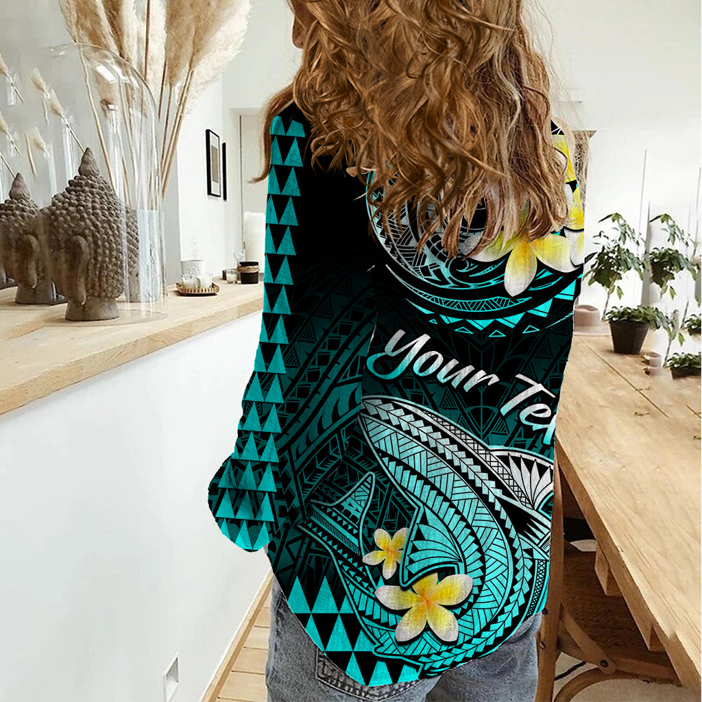Personalised Hawaii Women Casual Shirt Polynesian Shark with Kakau Turquoise Version - Wonder Print Shop