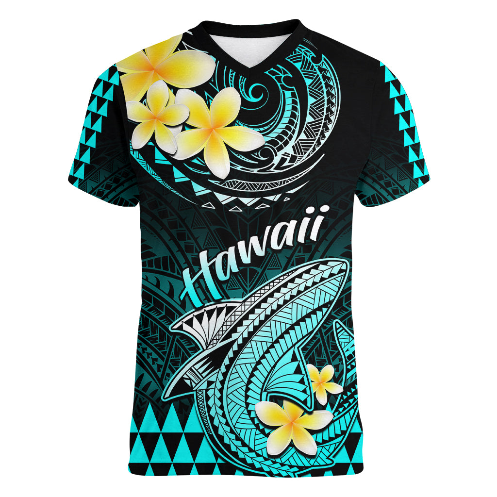 Personalised Hawaii Women V Neck T Shirt Polynesian Shark with Kakau Turquoise Version - Wonder Print Shop