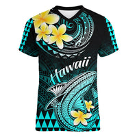Personalised Hawaii Women V Neck T Shirt Polynesian Shark with Kakau Turquoise Version - Wonder Print Shop