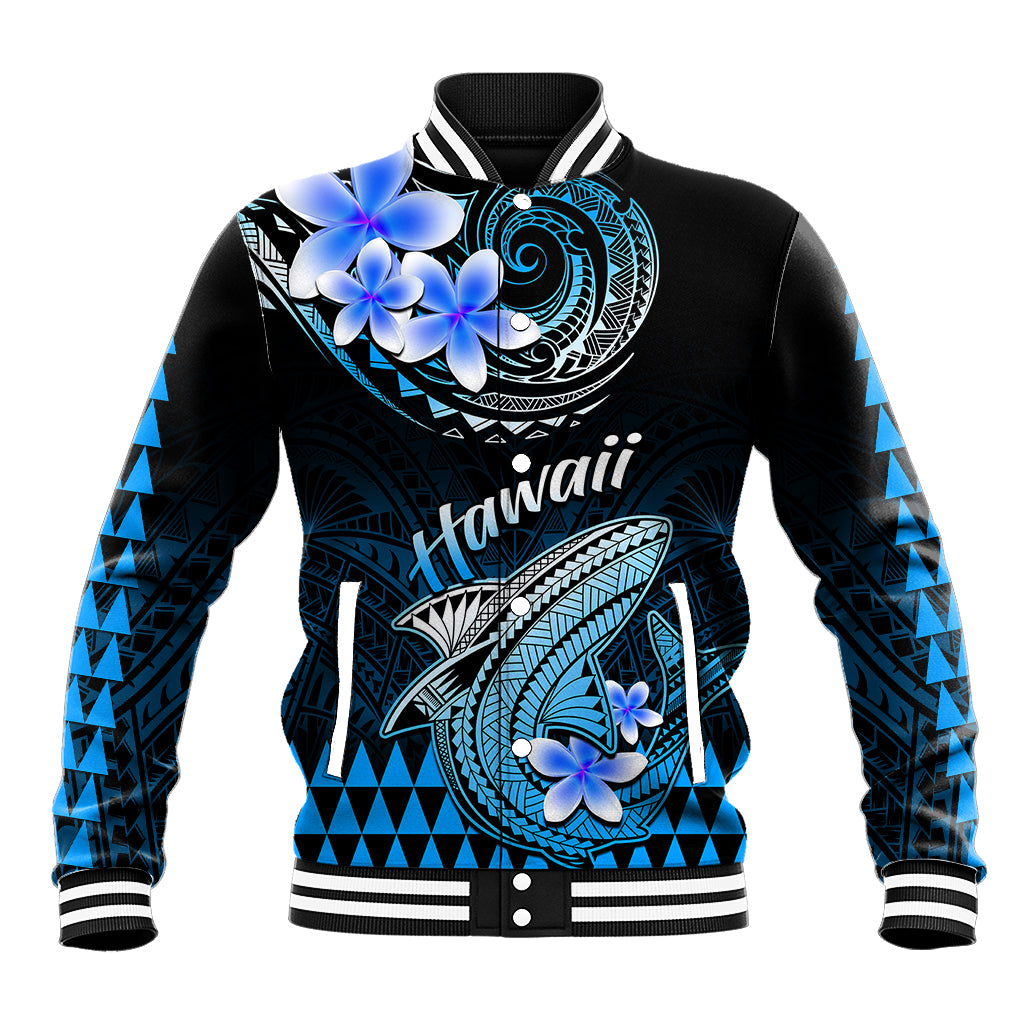 Hawaii Baseball Jacket Polynesian Shark with Kakau Blue Version - Wonder Print Shop