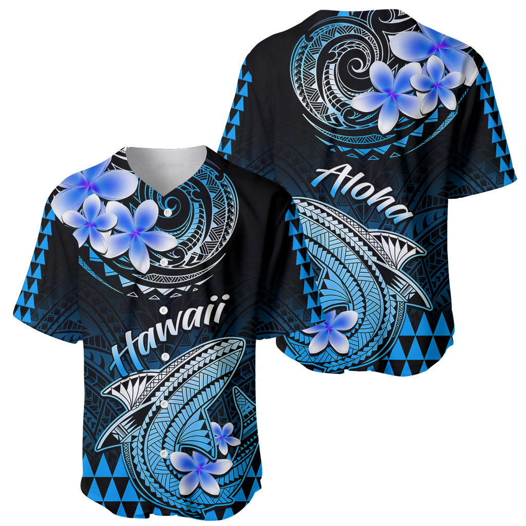 Hawaii Baseball Jersey Polynesian Shark with Kakau Blue Version - Wonder Print Shop