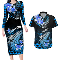 Hawaii Couples Matching Long Sleeve Bodycon Dress and Hawaiian Shirt Polynesian Shark with Kakau Blue Version - Wonder Print Shop