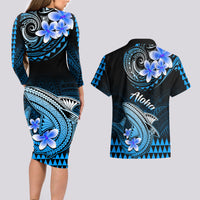 Hawaii Couples Matching Long Sleeve Bodycon Dress and Hawaiian Shirt Polynesian Shark with Kakau Blue Version - Wonder Print Shop