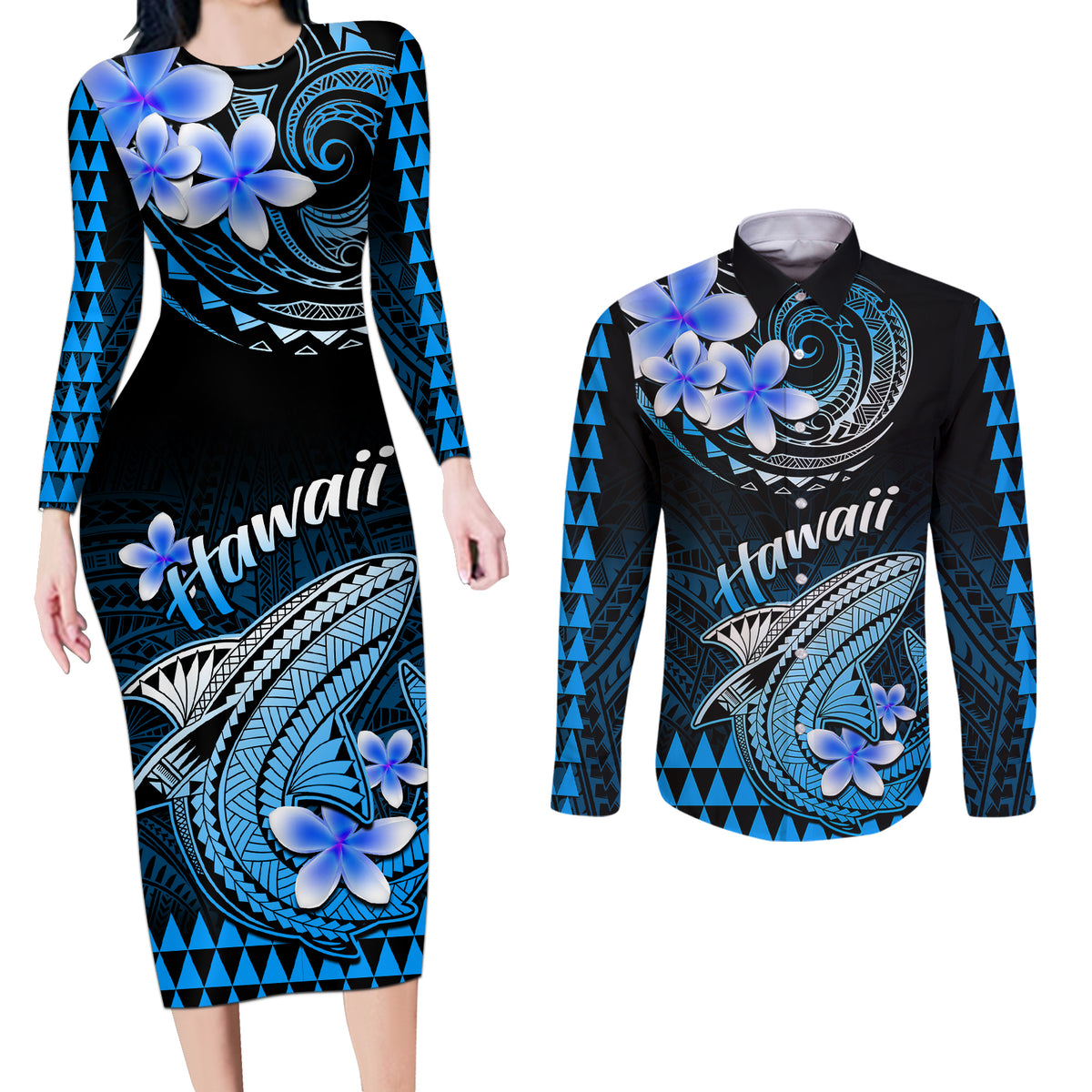 Hawaii Couples Matching Long Sleeve Bodycon Dress and Long Sleeve Button Shirts Polynesian Shark with Kakau Blue Version - Wonder Print Shop