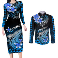 Hawaii Couples Matching Long Sleeve Bodycon Dress and Long Sleeve Button Shirts Polynesian Shark with Kakau Blue Version - Wonder Print Shop