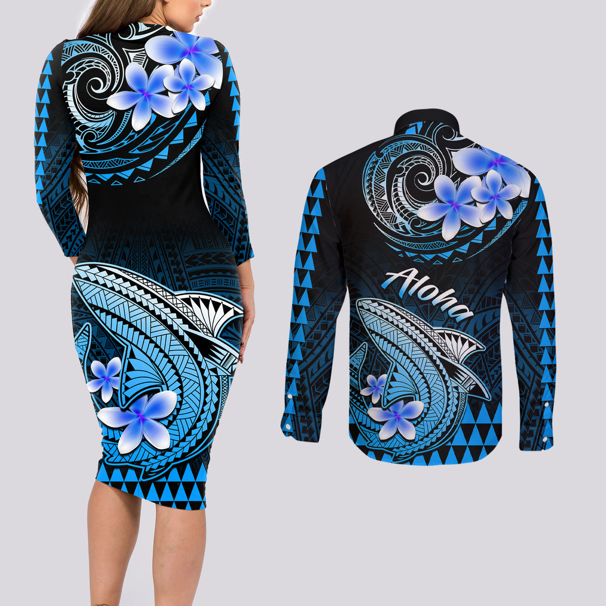 Hawaii Couples Matching Long Sleeve Bodycon Dress and Long Sleeve Button Shirts Polynesian Shark with Kakau Blue Version - Wonder Print Shop