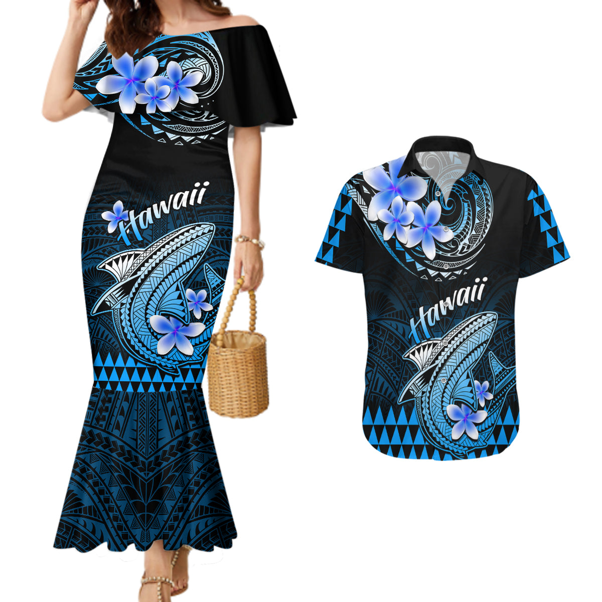 Hawaii Couples Matching Mermaid Dress and Hawaiian Shirt Polynesian Shark with Kakau Blue Version - Wonder Print Shop