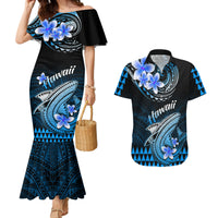Hawaii Couples Matching Mermaid Dress and Hawaiian Shirt Polynesian Shark with Kakau Blue Version - Wonder Print Shop