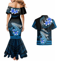 Hawaii Couples Matching Mermaid Dress and Hawaiian Shirt Polynesian Shark with Kakau Blue Version - Wonder Print Shop