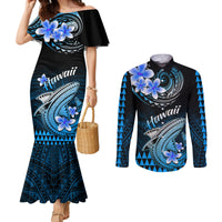 hawaii-couples-matching-mermaid-dress-and-long-sleeve-button-shirts-polynesian-shark-with-kakau-blue-version