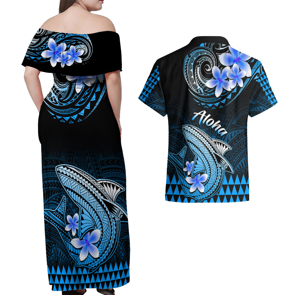 Hawaii Couples Matching Off Shoulder Maxi Dress and Hawaiian Shirt Polynesian Shark with Kakau Blue Version - Wonder Print Shop