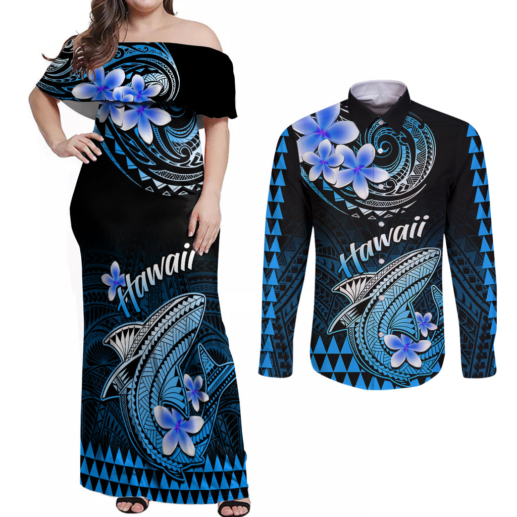 Hawaii Couples Matching Off Shoulder Maxi Dress and Long Sleeve Button Shirts Polynesian Shark with Kakau Blue Version - Wonder Print Shop
