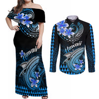Hawaii Couples Matching Off Shoulder Maxi Dress and Long Sleeve Button Shirts Polynesian Shark with Kakau Blue Version - Wonder Print Shop