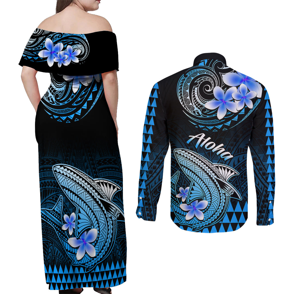 Hawaii Couples Matching Off Shoulder Maxi Dress and Long Sleeve Button Shirts Polynesian Shark with Kakau Blue Version - Wonder Print Shop