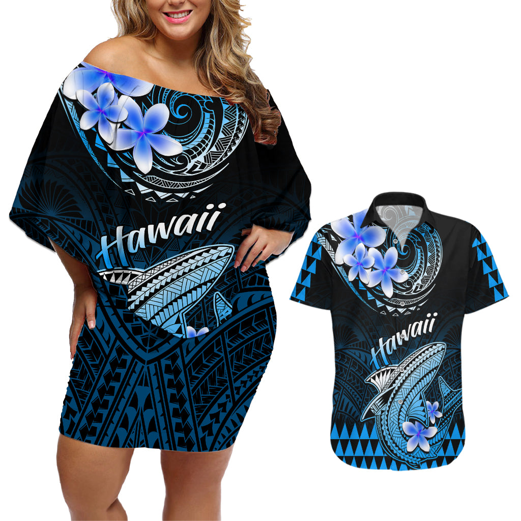 Hawaii Couples Matching Off Shoulder Short Dress and Hawaiian Shirt Polynesian Shark with Kakau Blue Version - Wonder Print Shop
