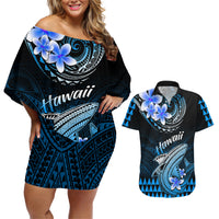 Hawaii Couples Matching Off Shoulder Short Dress and Hawaiian Shirt Polynesian Shark with Kakau Blue Version - Wonder Print Shop