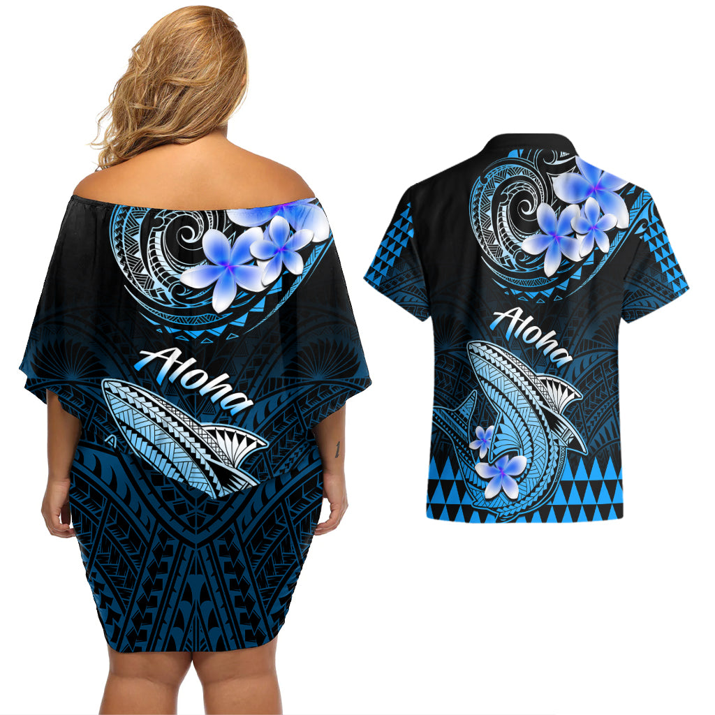 Hawaii Couples Matching Off Shoulder Short Dress and Hawaiian Shirt Polynesian Shark with Kakau Blue Version - Wonder Print Shop