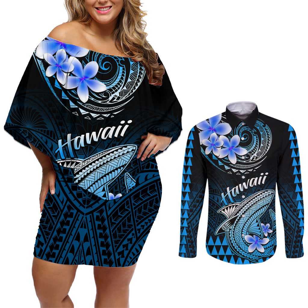 Hawaii Couples Matching Off Shoulder Short Dress and Long Sleeve Button Shirts Polynesian Shark with Kakau Blue Version - Wonder Print Shop