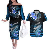 Hawaii Couples Matching Off The Shoulder Long Sleeve Dress and Hawaiian Shirt Polynesian Shark with Kakau Blue Version - Wonder Print Shop