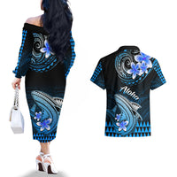 Hawaii Couples Matching Off The Shoulder Long Sleeve Dress and Hawaiian Shirt Polynesian Shark with Kakau Blue Version - Wonder Print Shop