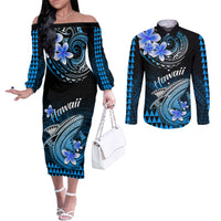 hawaii-couples-matching-off-the-shoulder-long-sleeve-dress-and-long-sleeve-button-shirts-polynesian-shark-with-kakau-blue-version