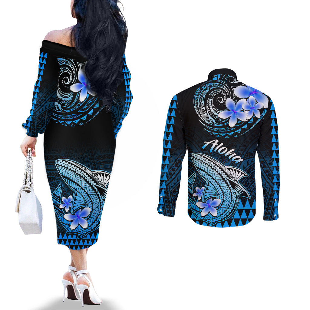 hawaii-couples-matching-off-the-shoulder-long-sleeve-dress-and-long-sleeve-button-shirts-polynesian-shark-with-kakau-blue-version