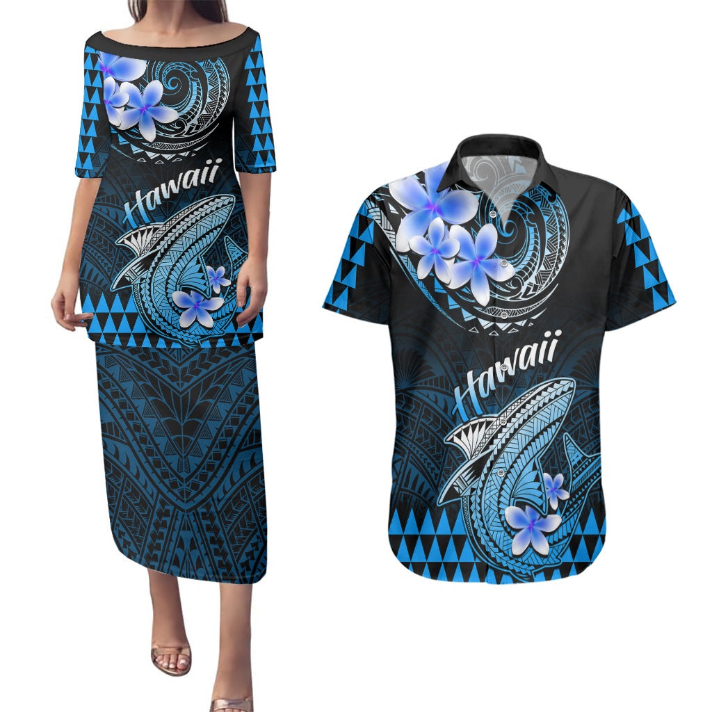 Hawaii Couples Matching Puletasi Dress and Hawaiian Shirt Polynesian Shark with Kakau Blue Version - Wonder Print Shop